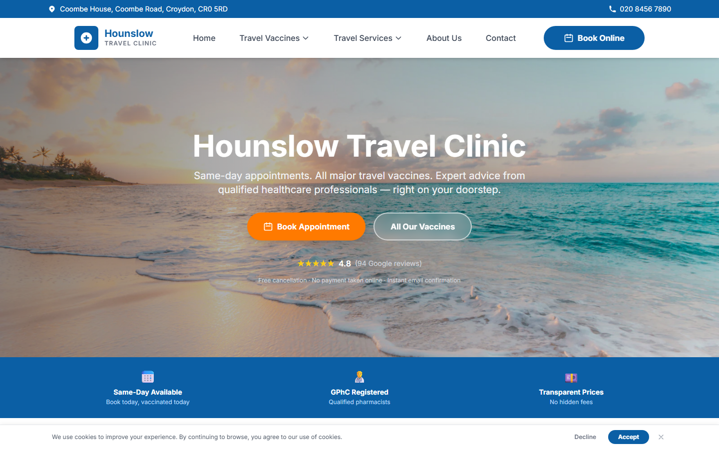 Hounslow Travel Clinic homepage screenshot